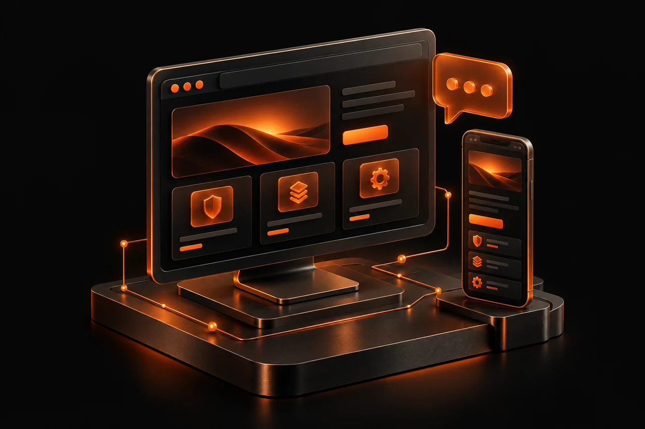 Orange and graphite desktop browser, mobile website, and chat illustration